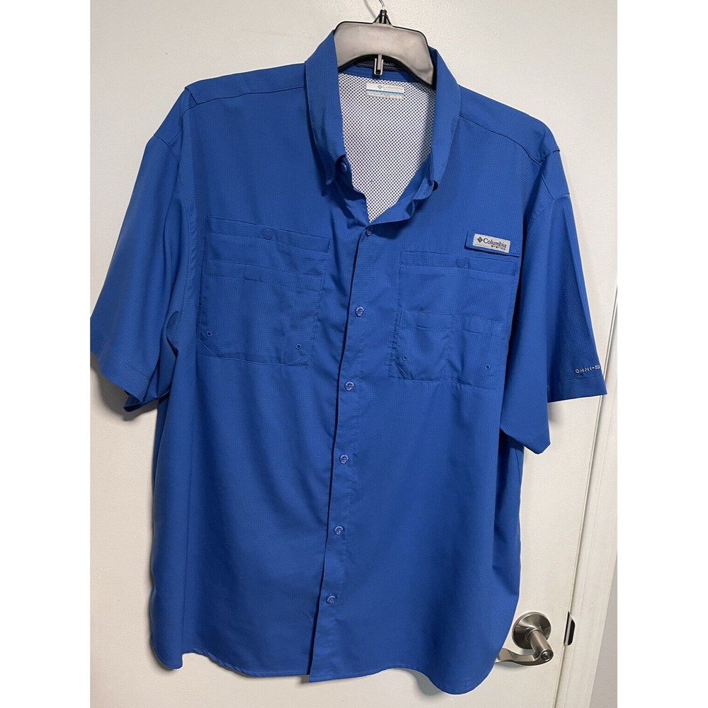 Columbia Blue Fishing Shirt PFG Sz XXL  2XL Short Sleeve Button Up Vented